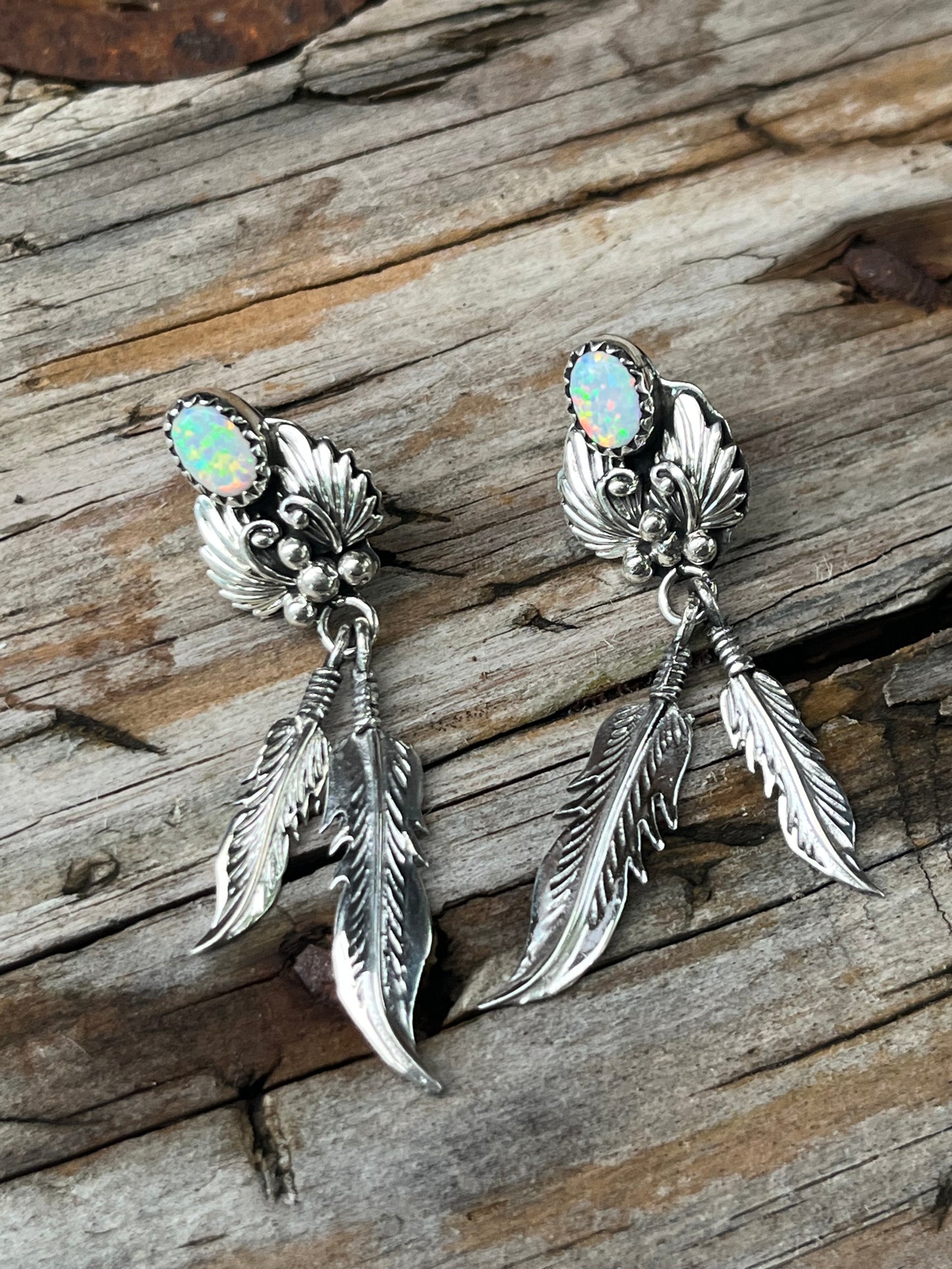 Opal Feather Stud Earrings