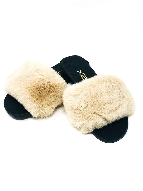 Cream Fluffy Open Toe Slides