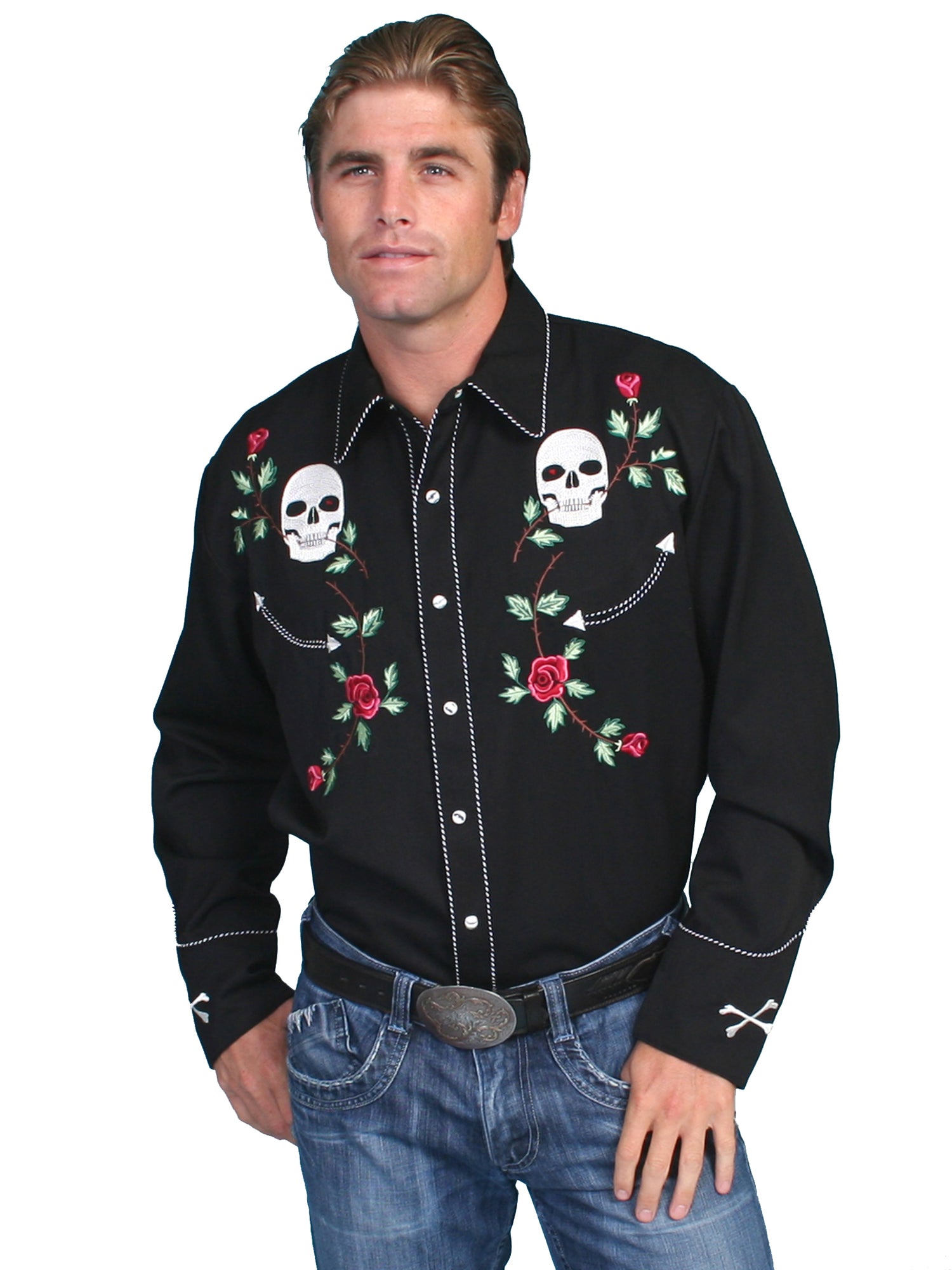 Scully's Men's Skull N' Flowers Embroidered Shirt